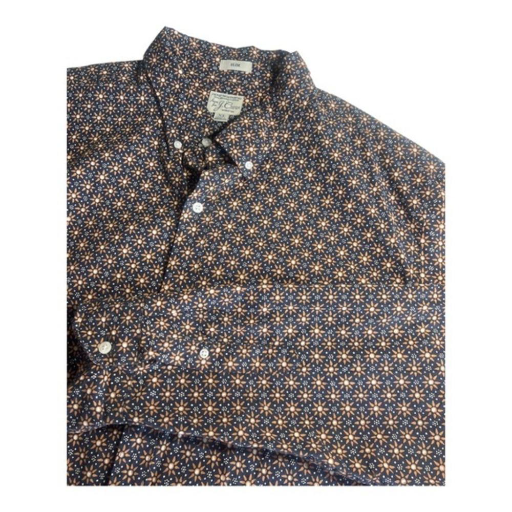 J Crew  Stretch Mens Long Sleeve Floral  Slim Fit Button Down‎ Blue/Brown XL